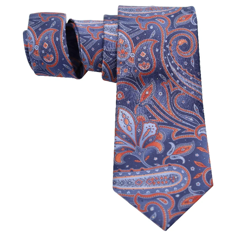 silk necktie ideas for professional events-MID BLUE WITH ORANGE PAISLEY SILK TIE