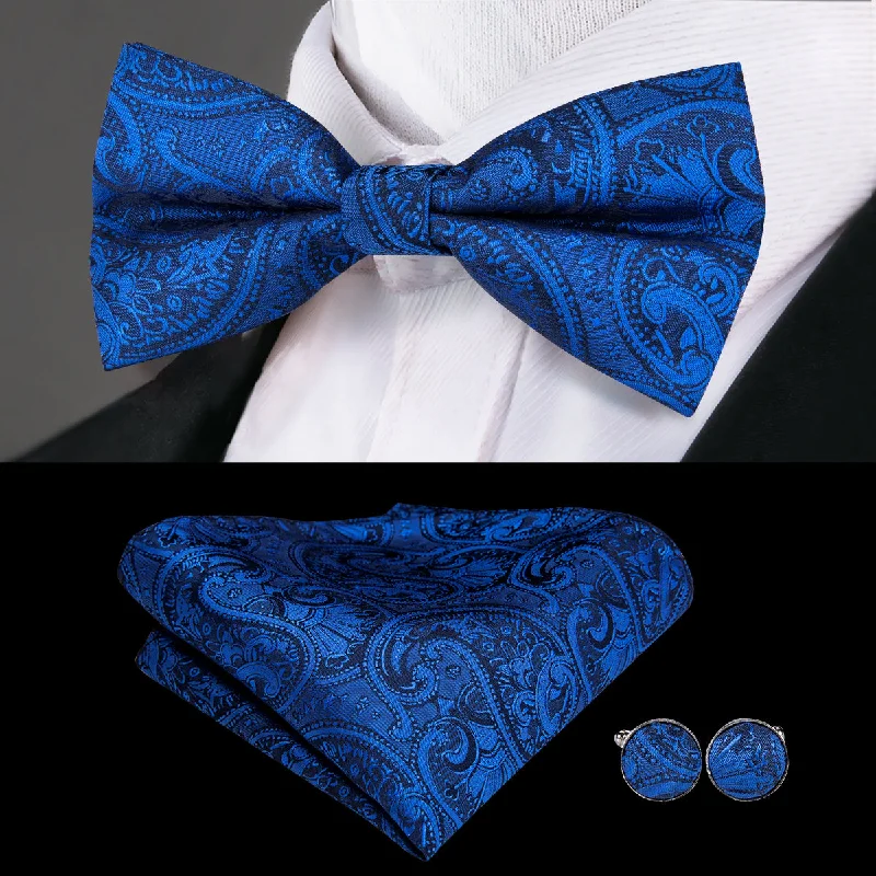 slim silk necktie combinations for office wear-Navy Blue Paisley Pre-tied Bow Tie Hanky Cufflinks Set