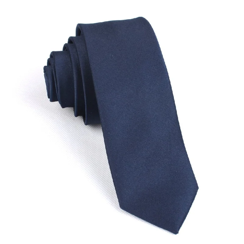 luxury wedding necktie sets for men-Navy Blue Satin Skinny Neck Tie