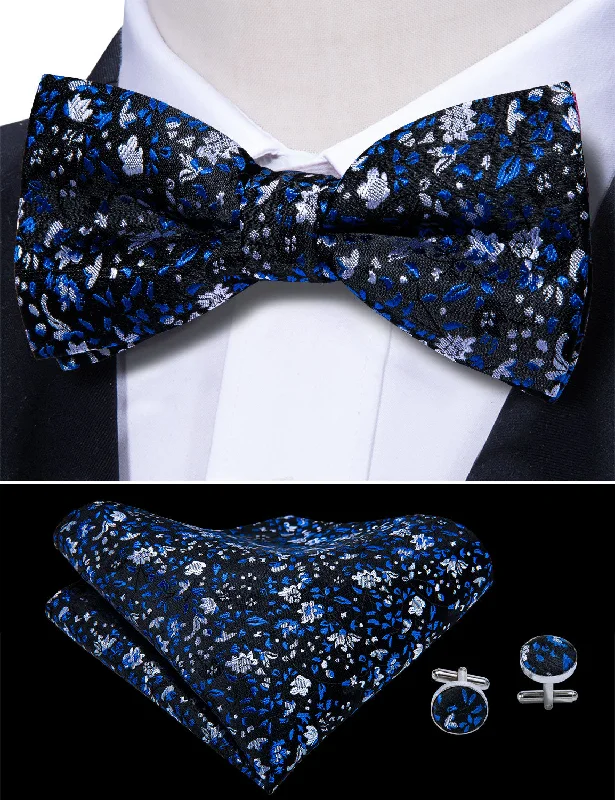 affordable designer silk necktie colors-Black Blue Floral Pre-tied Bow Tie Hanky Cufflinks Set