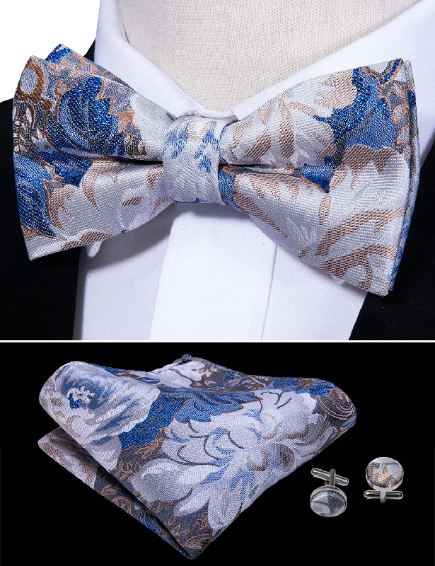 vibrant silk necktie sets for office wear-Blue White Champagne Floral Pre-tied Bow Tie Hanky Cufflinks Set