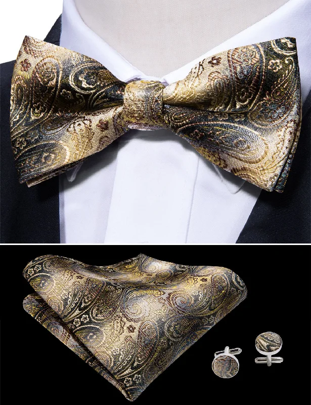 designer silk necktie sets for men-Golden Grey Paisley Pre-tied Bow Tie Hanky Cufflinks Set