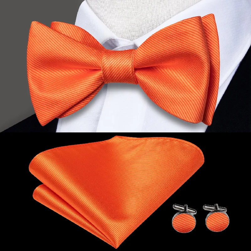 designer silk necktie sets for men-Orange Solid Self-tied Bow Tie Pocket Square Cufflinks Set