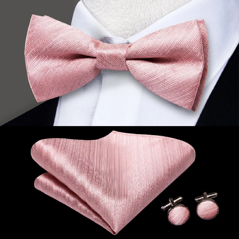 best silk necktie styles for office wear-Pink Solid Men's Pre-tied Bowtie Pocket Square Cufflinks Set