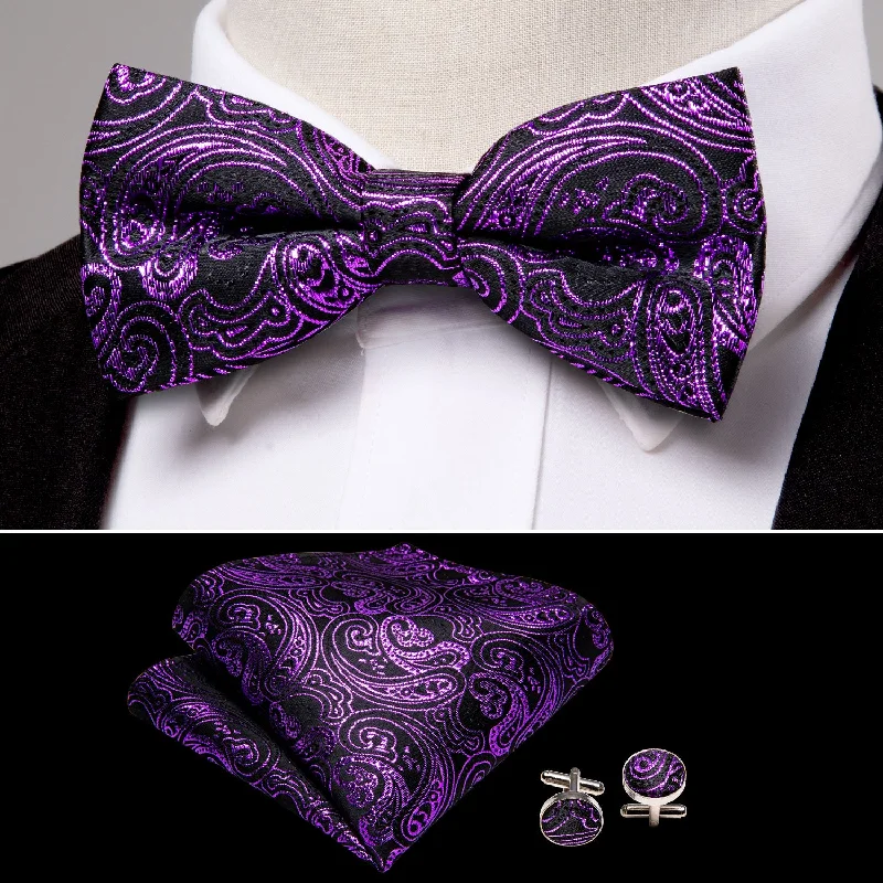 classic silk wedding necktie colors-Purple Black Paisley Men's Pre-tied Bowtie Pocket Square Cufflinks Set