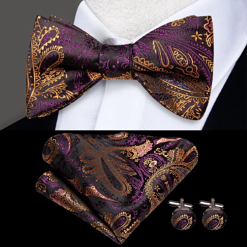 slim-fit silk neckties for office wear-Purple Brown Paisley Self-tied Bow Tie Pocket Square Cufflinks Set