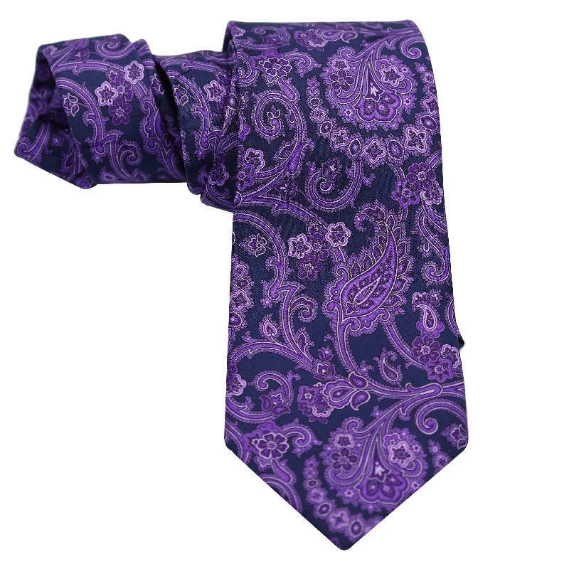 slim silk necktie combinations for weddings-PURPLE PAISLEY ON BLACK SILK TIE