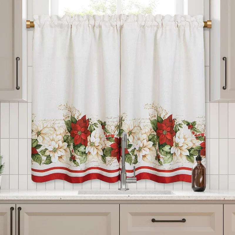 elegant silk necktie packs for office wear-Red and White Poinsettia Kitchen Curtain Valance and Tier Set