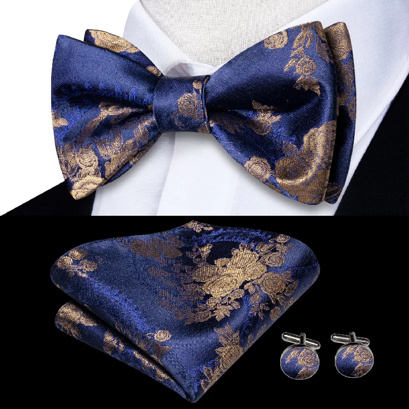 luxury silk bow ties for business wear-Royal Blue Brown Floral Self-tied Bow Tie Pocket Square Cufflinks Set