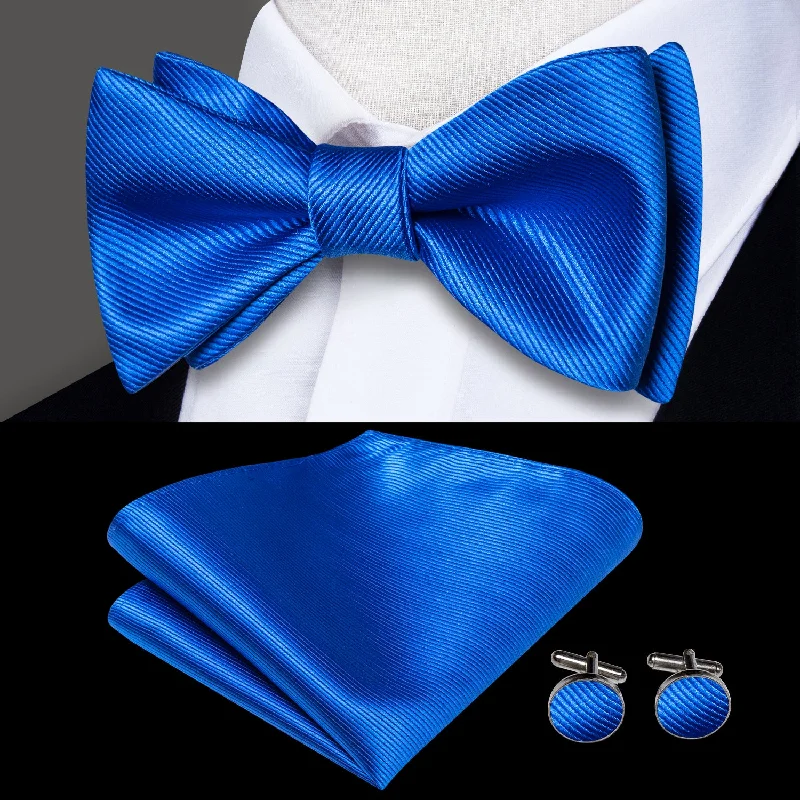 unique silk necktie combinations for weddings-Royal Blue Solid Self-tied Bow Tie Pocket Square Cufflinks Set