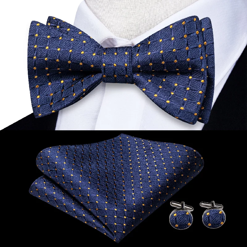 affordable silk necktie designs for formal events-Royal Blue Yellow Plaid Self-tied Bow Tie Pocket Square Cufflinks Set