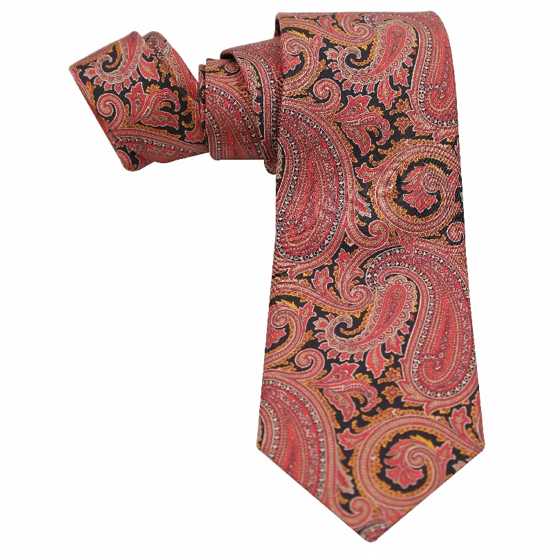 affordable silk wedding tie packs-SALMON WITH ORANGE AND BLACK PAISLEY SILK TIE