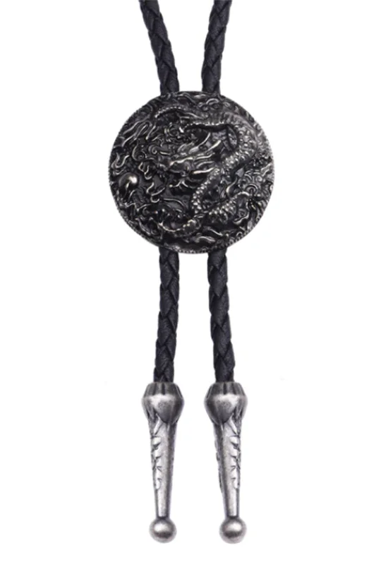 silk bow ties for office wear-Dark Silver Ancient Dragon Bolo Tie