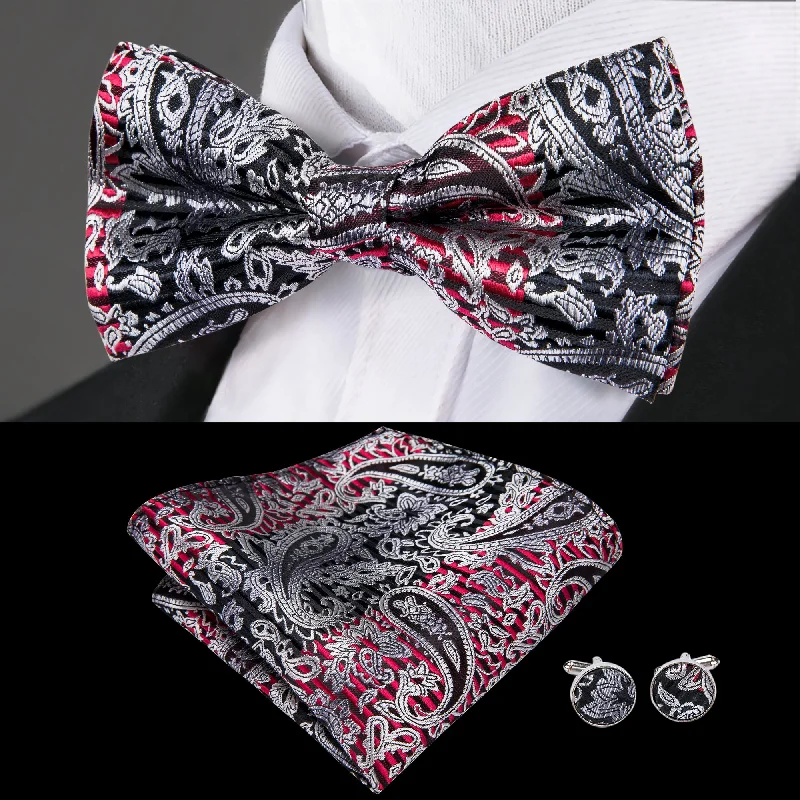 luxury silk necktie designs for office wear-Silver Black Red Paisley Pre-tied Bow Tie Hanky Cufflinks Set