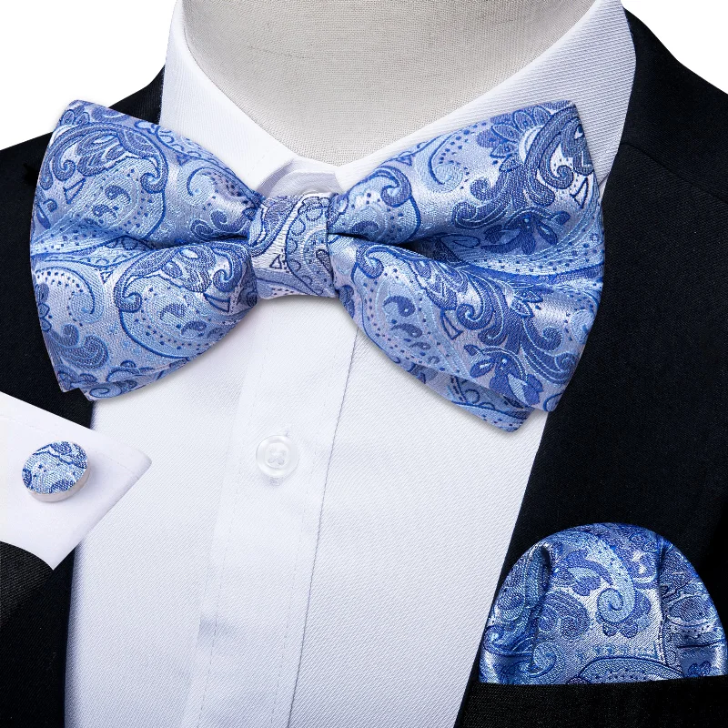 modern wedding silk tie sets-Silver Blue Paisley Men's Pre-tied Bowtie Pocket Square Cufflinks Set