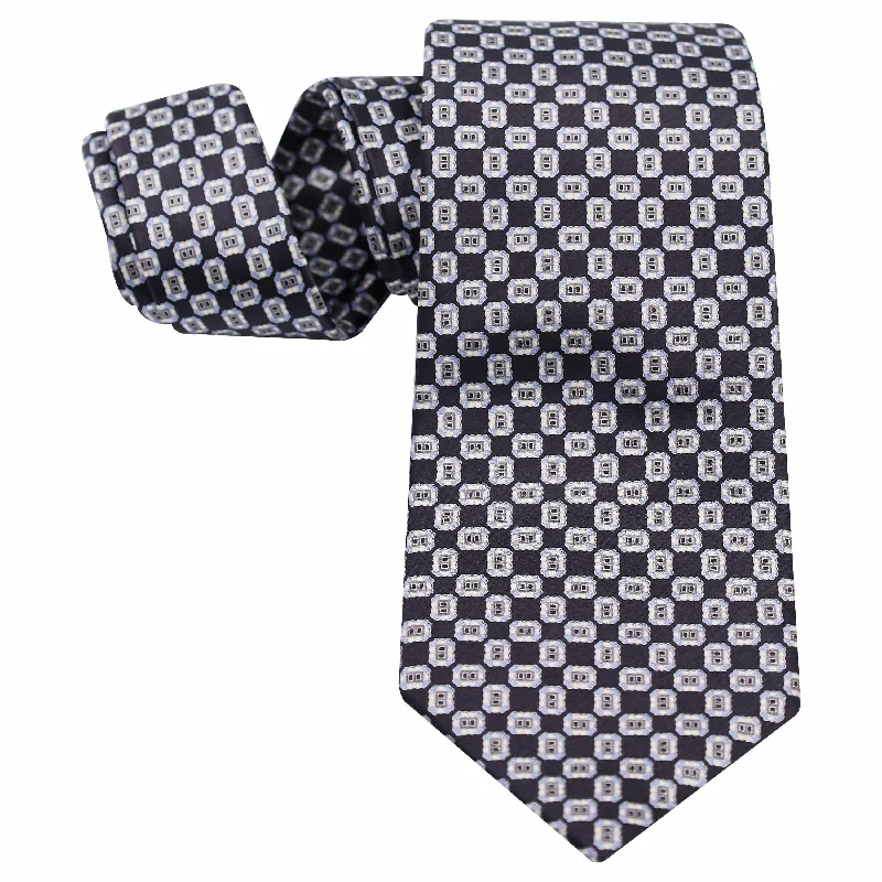 stylish necktie sets for weddings-SILVER GEOMETRIC DESIGN ON BLACK SILK TIE