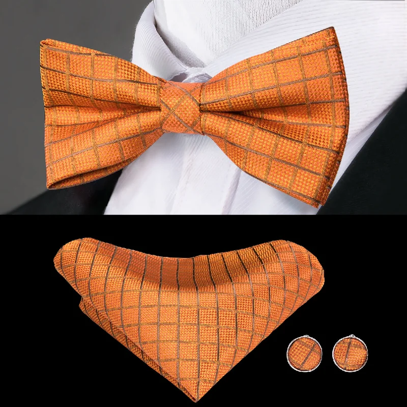 trendy silk necktie designs for weddings-Silver Orange Plaid Pre-tied Bow Tie Hanky Cufflinks Set