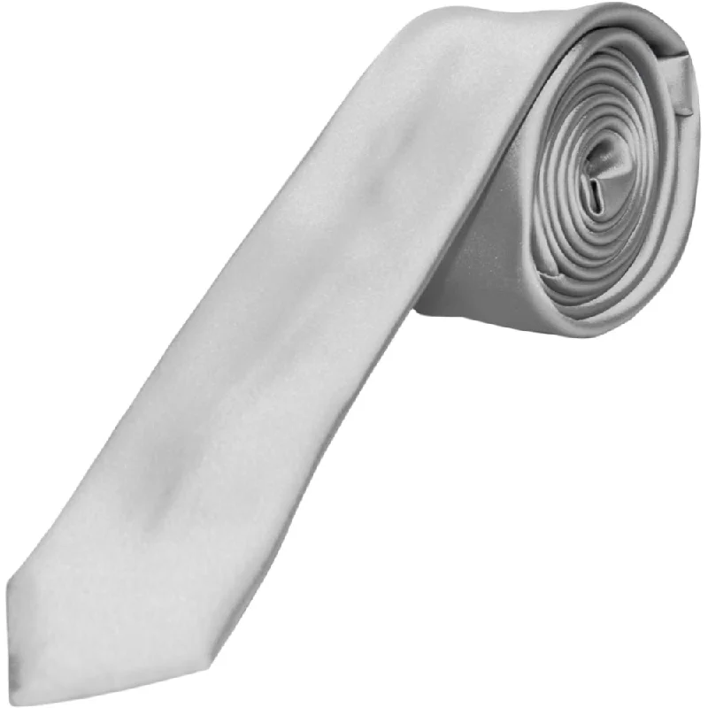 high-quality silk necktie designs for weddings-Silver Satin Skinny Neck Tie