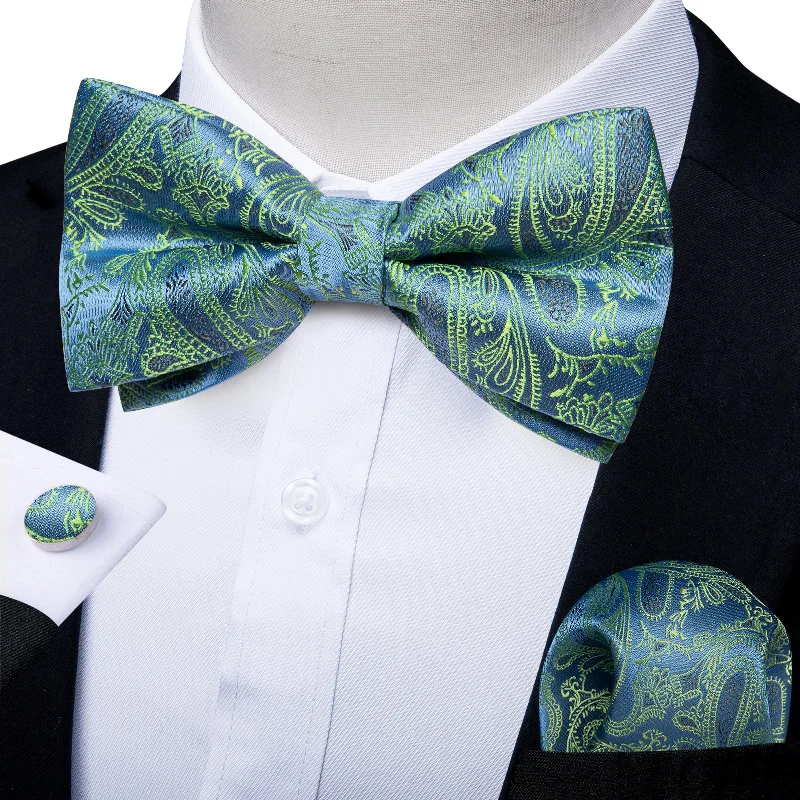 silk necktie options for office wear-Sky Blue Green Paisley Men's Pre-tied Bowtie Pocket Square Cufflinks Set