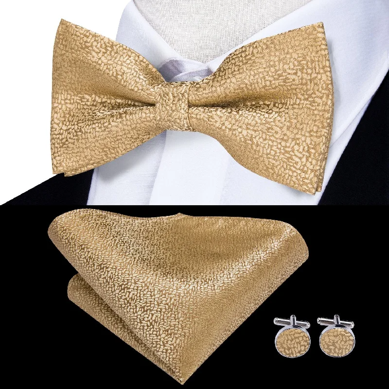 premium silk necktie styles for business wear-Solid Yellow Gold Dots Pre-tied Bow Tie Hanky Cufflinks Set