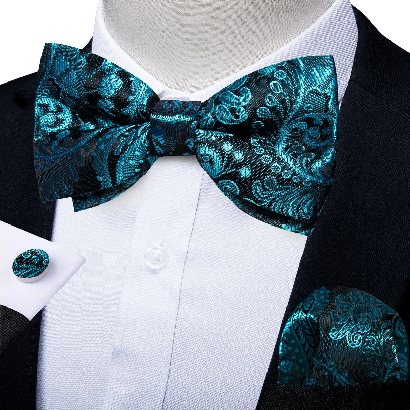 trendy silk bow ties for business events-Teal Blue Paisley Men's Pre-tied Bowtie Pocket Square Cufflinks Set