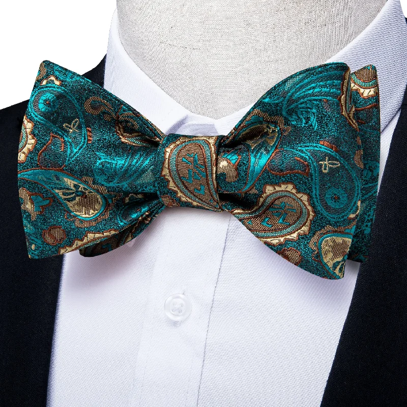 premium silk bow ties for formal events-Teal Blue Yellow Self-tied Bow Tie Paisley Pocket Square Cufflinks Set