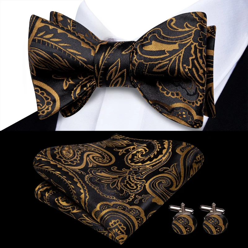 luxury silk wedding tie sets-Ties2you Black Bow Tie Gold Paisley Silk Mens Dress Self-Bow Ties Handkerchief Cufflinks Set