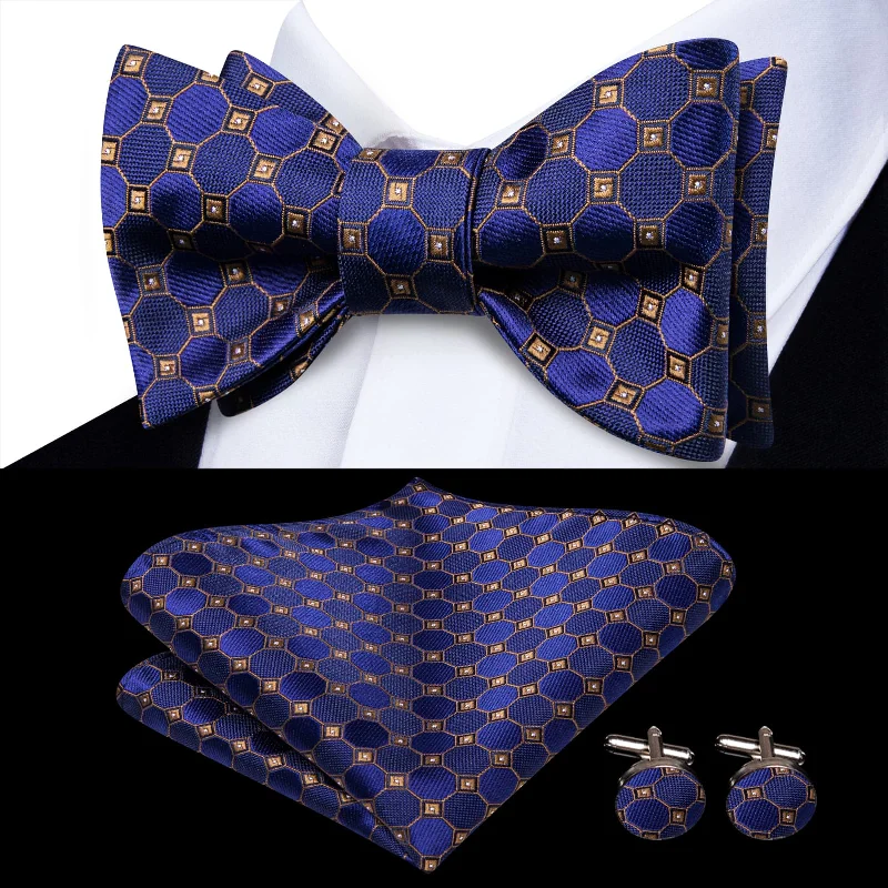 fashionable silk ties for business events-Ties2you Blue Bow Tie Gold Plaid Silk Mens Dress Self-Bow Ties Handkerchief Cufflinks Set