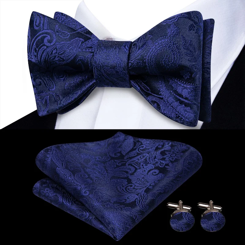 high-end silk necktie sets for weddings-Ties2you Blue Bow Tie Navy Paisley Silk Mens Dress Self-Bow Ties Handkerchief Cufflinks Set