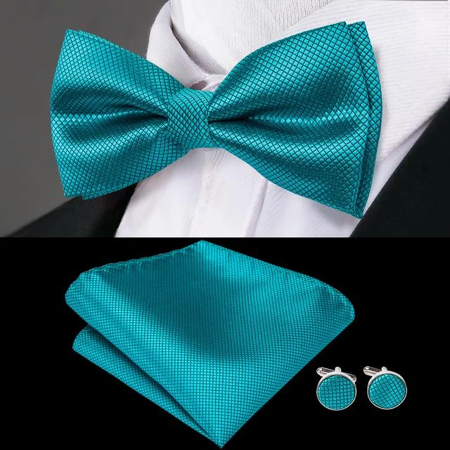 vibrant wedding necktie colors for men-Ties2you Blue Tie Teal Green Solid Pre-Bow Tie Hanky Cufflinks Set