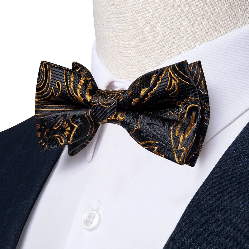 trendy silk bow ties for business events-Ties2you Boys Bow Ties Black Gold Woven Floral Bow Tie Hanky Set Classic