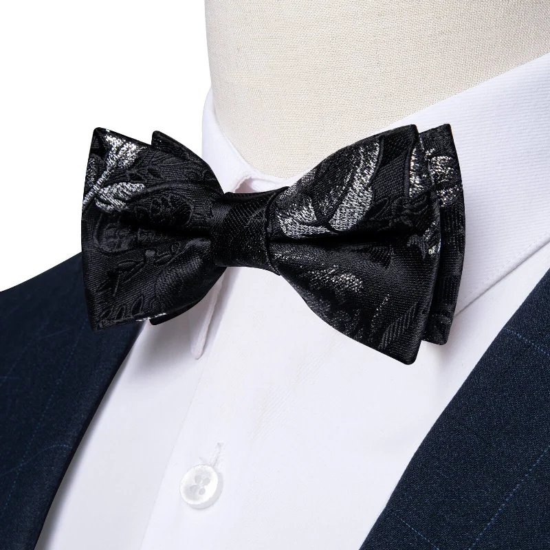 high-end silk wedding tie options-Ties2you Boys Bow Ties Black Silver Floral Bow Tie Pocket Square Set