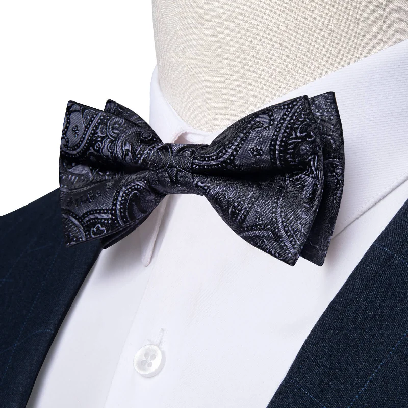 classic silk necktie styles for men-Ties2you Boys Bow Ties Coal black Paisley Bow Tie Handkerchief Set