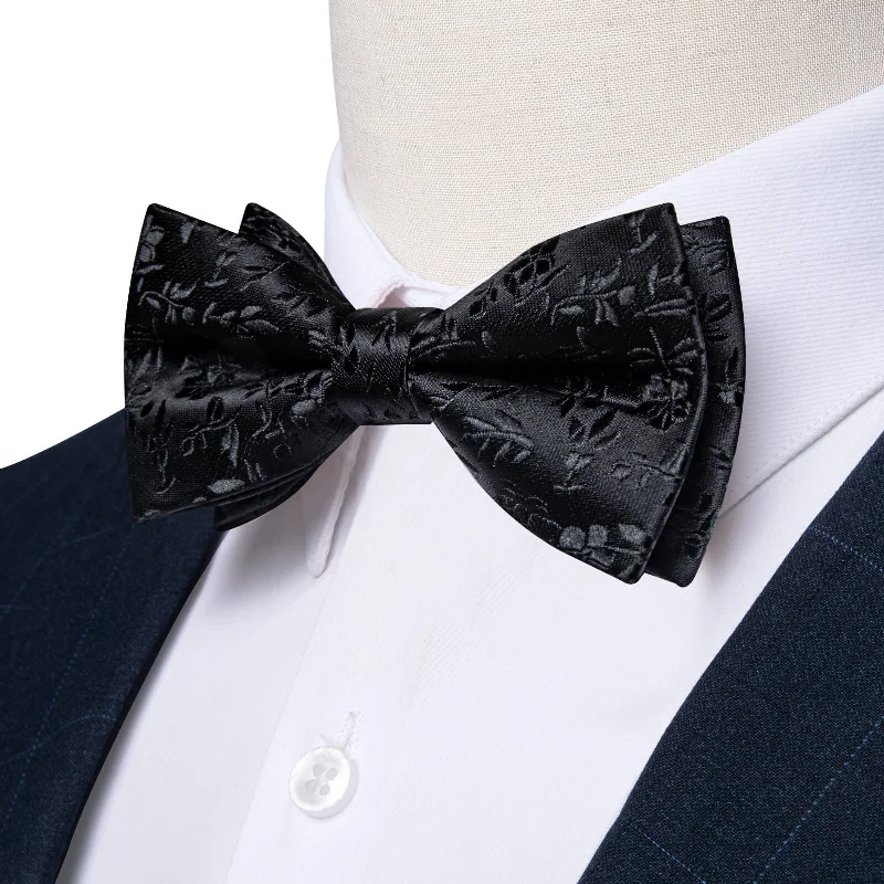 stylish wedding necktie ideas for men-Ties2you Boys Bow Ties Ink Black Jacquard Floral Bow Tie Handkerchief Set