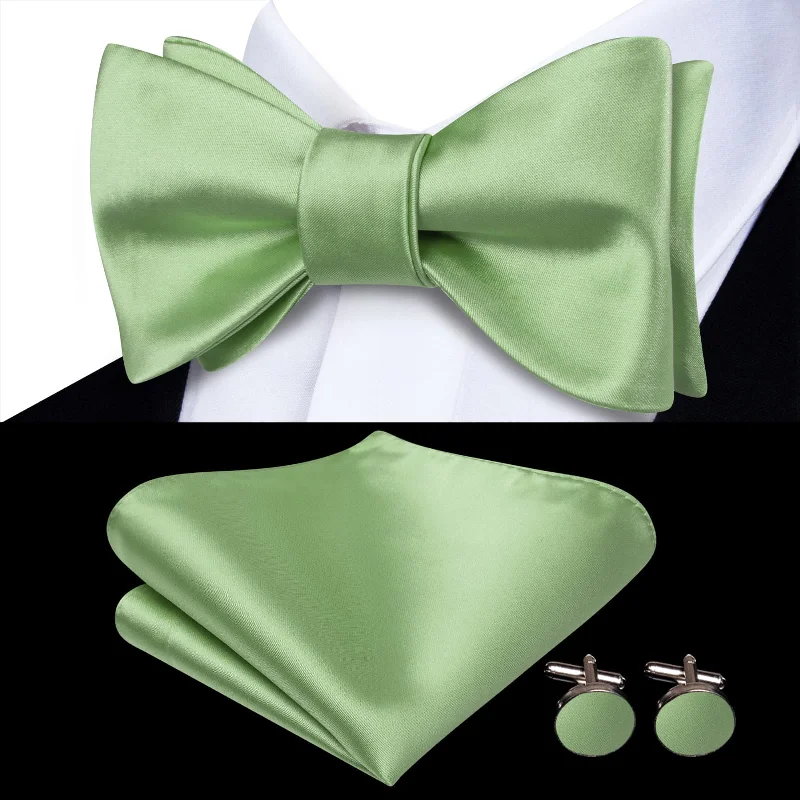 designer silk bow ties for weddings-Ties2you Green Bow Tie Sage Solid Silk Mens Dress Self-tie Bowties Pocket Square Cufflinks Set