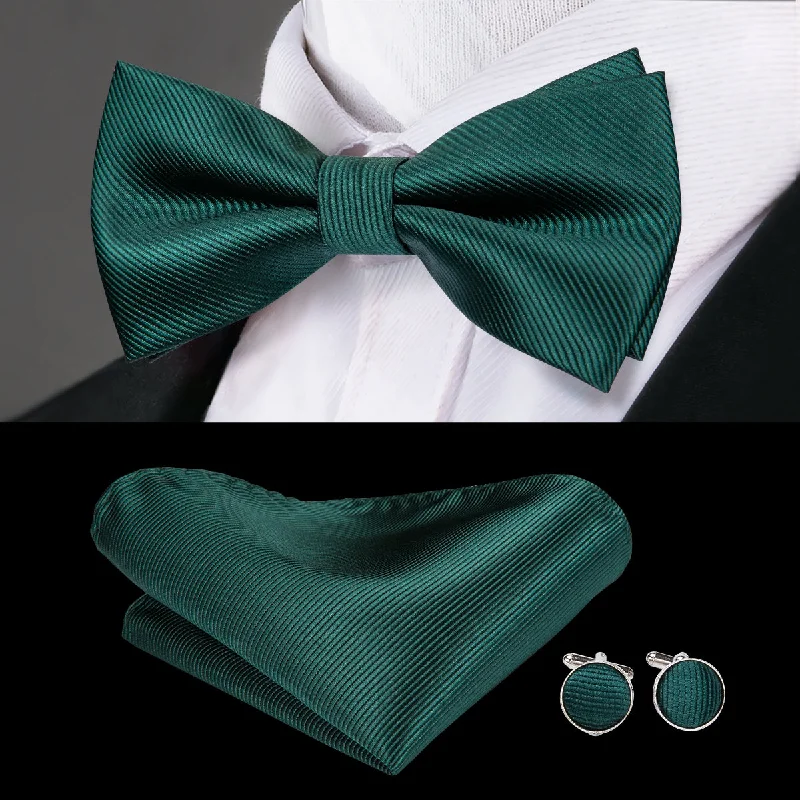 unique silk necktie combinations for men-Ties2you Green Tie Solid Striped Pre-Tied Bow Tie Hanky Cufflinks Set