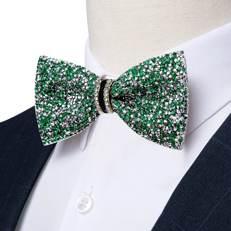 classic wedding silk necktie sets-Ties2you Imitated Crystal Bowtie Green Silver Rhinestones Men's Pre Tied Bow Ties For Wedding Party