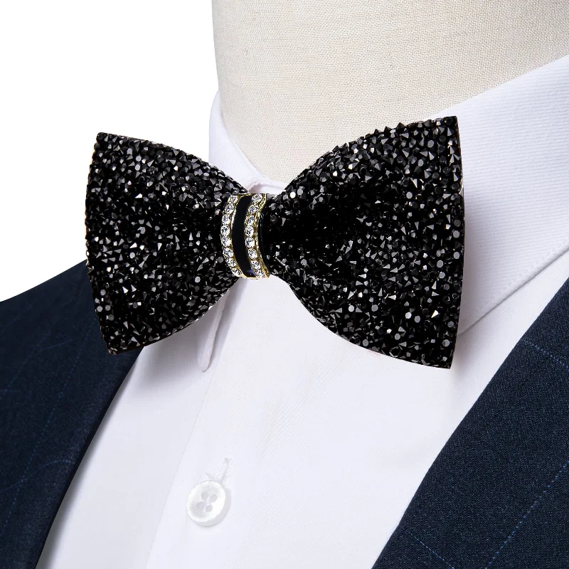 premium silk wedding necktie sets for men-Ties2you Imitated Crystal Bowtie Pure Black Rhinestones Men's Pre Tied Bow Ties For Party Dresses