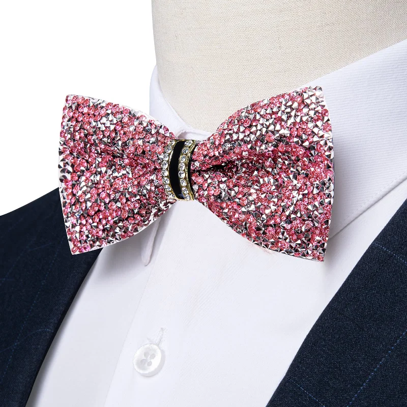 unique silk necktie combinations for men-Ties2you Imitated Crystal Bowtie Rose Pink Silver Rhinestones Men's Pre Tied Bow Ties For Wedding Party