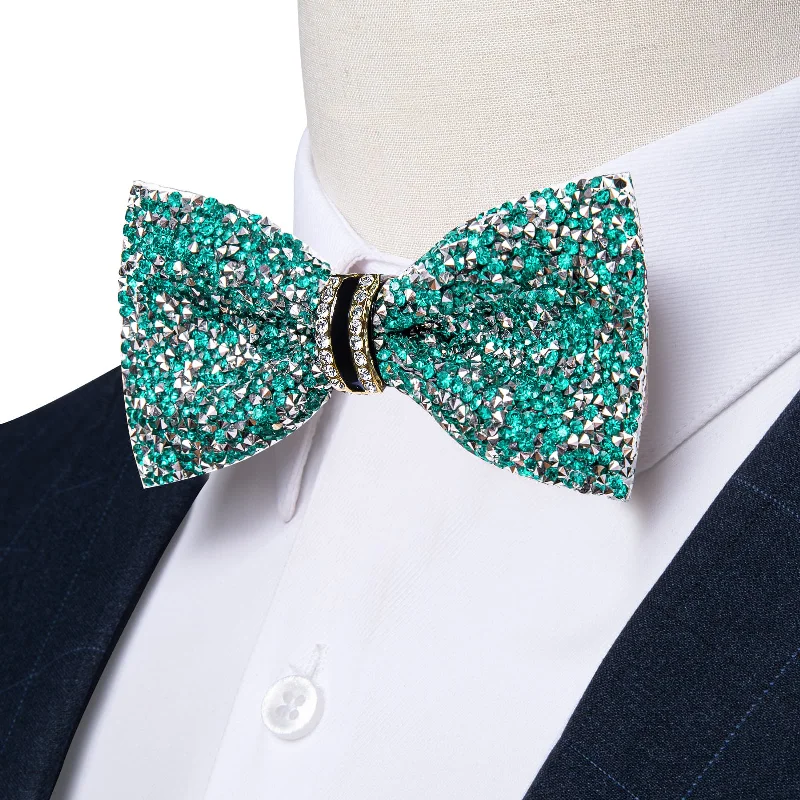 affordable wedding silk tie sets for men-Ties2you Imitated Crystal Bowtie Teal Silver Rhinestones Men's Pre Tied Bow Ties For Wedding Party