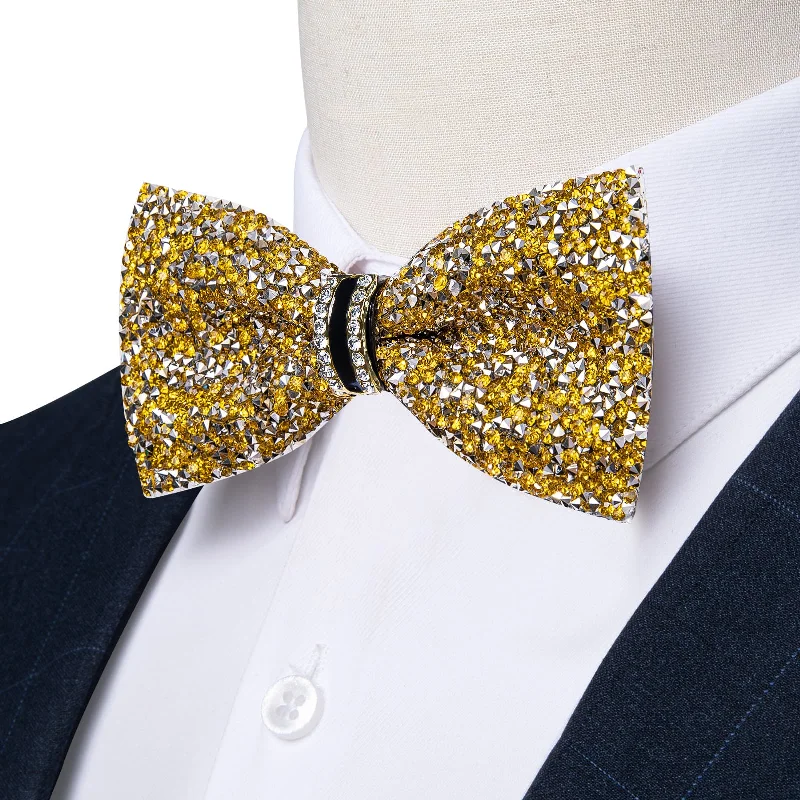 stylish silk bow ties for professional wear-Ties2you Imitated Crystal Bowtie Yellow Silver Rhinestones Men's Pre Tied Bow Ties For Wedding Party