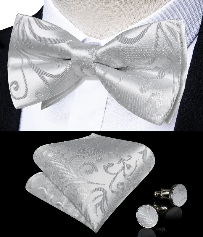 stylish silk necktie ideas for business wear-Ties2you Men's Bow Tie Silver Grey Floral Silk Pre-Bow Tie Set