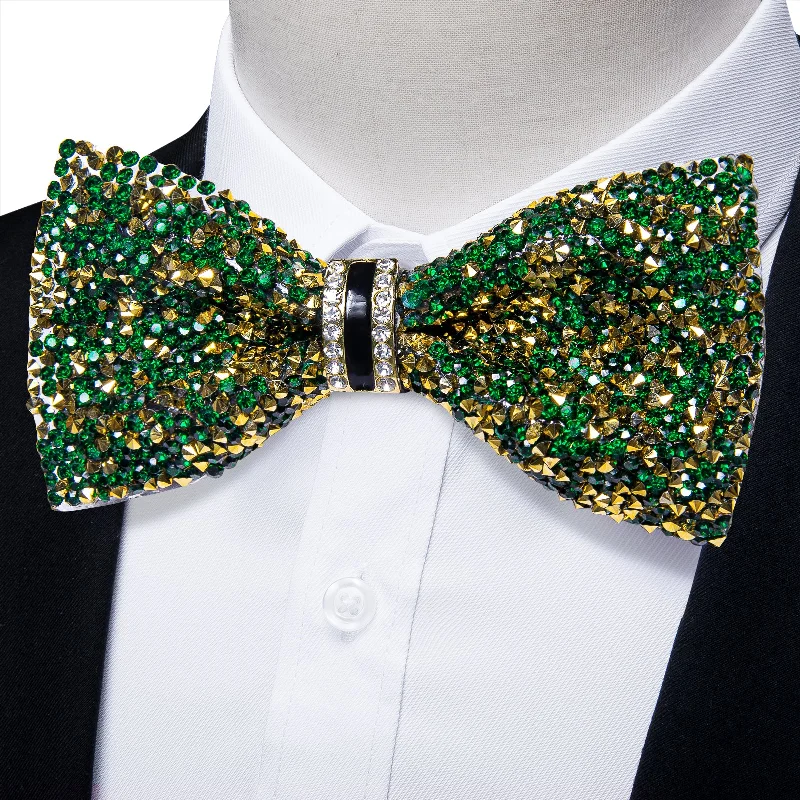 fashionable silk necktie sets for business wear-Ties2you Party Tie Green Golden Imitated Crystal Men's Pre-Tied Bowtie