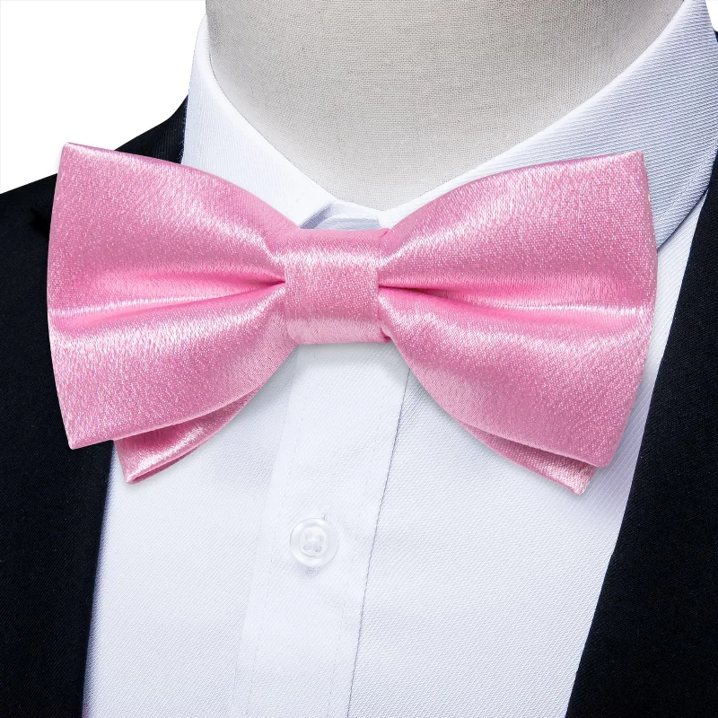 luxury necktie sets for office wear-Ties2you Pink Bow Tie Shining Solid Silk Men's Pre-tied Bowtie Pocket Square Cufflinks set