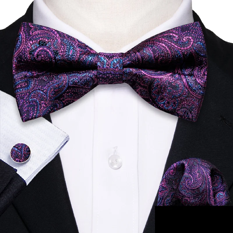 trendy silk necktie ideas for business wear-Ties2you Purple Tie Paisley Silk Pre-Tied Bow Tie Hanky Cufflinks Set