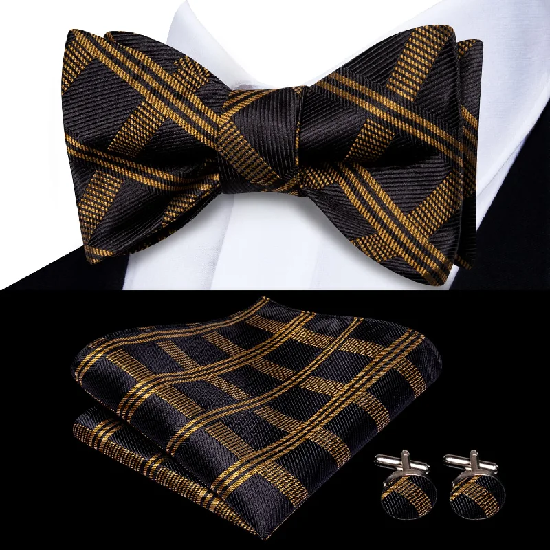 elegant business silk necktie designs-Ties2you Self-tie Bow Ties Black Golden Plaid Silk Mens Bowtie Handkerchief Cufflinks Set