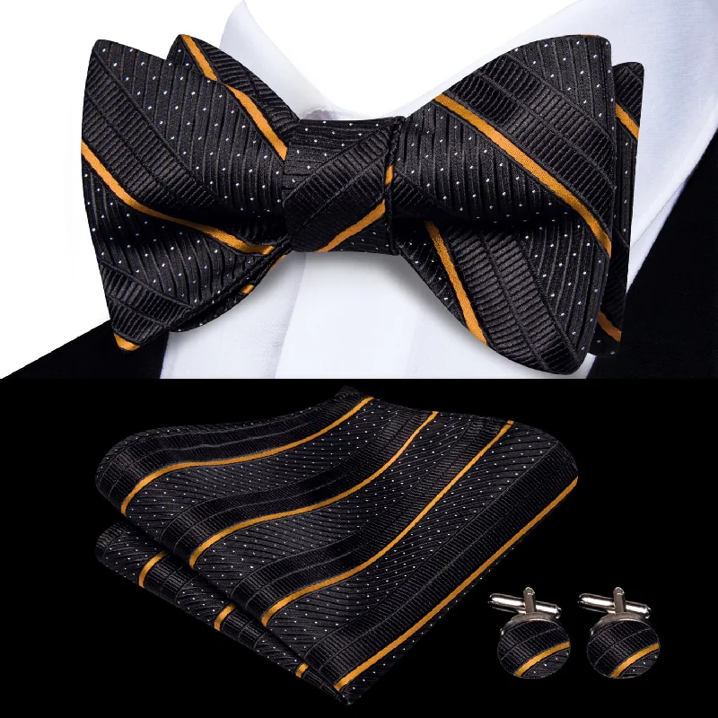 stylish silk necktie combinations for weddings-Ties2you Self-tie Bow Ties Black Golden Striped Silk Mens Business Bowtie Set