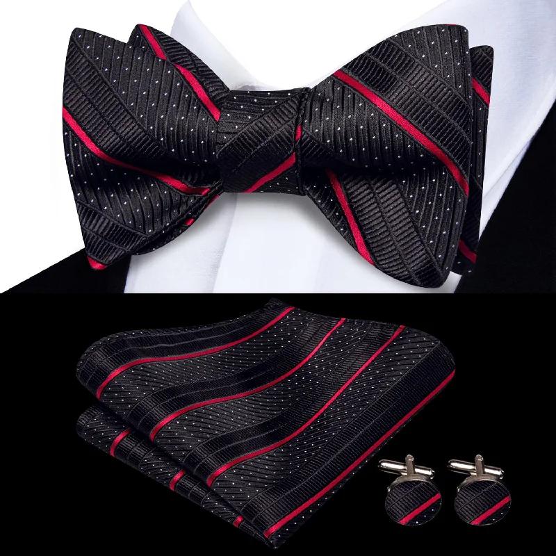 modern silk necktie combinations for office wear-Ties2you Self-tie Bow Ties Black Red Striped Silk Mens Bowtie Handkerchief Cufflinks Set