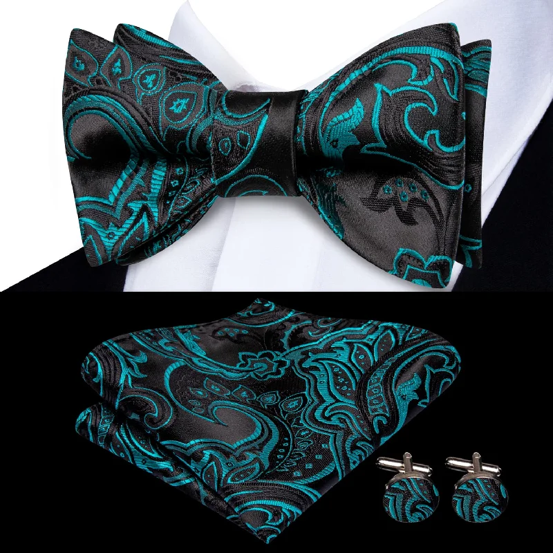 premium business silk bow ties-Ties2you Self-tie Bow Ties Black Teal Floral Silk Mens Tuxedo Bowtie Set Business