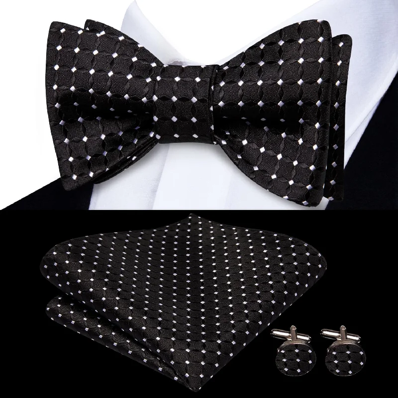 trendy wedding necktie colors for men-Ties2you Self-tie Bow Ties Black White Plaid Mens Silk Bowtie Pocket Square Cufflinks Set